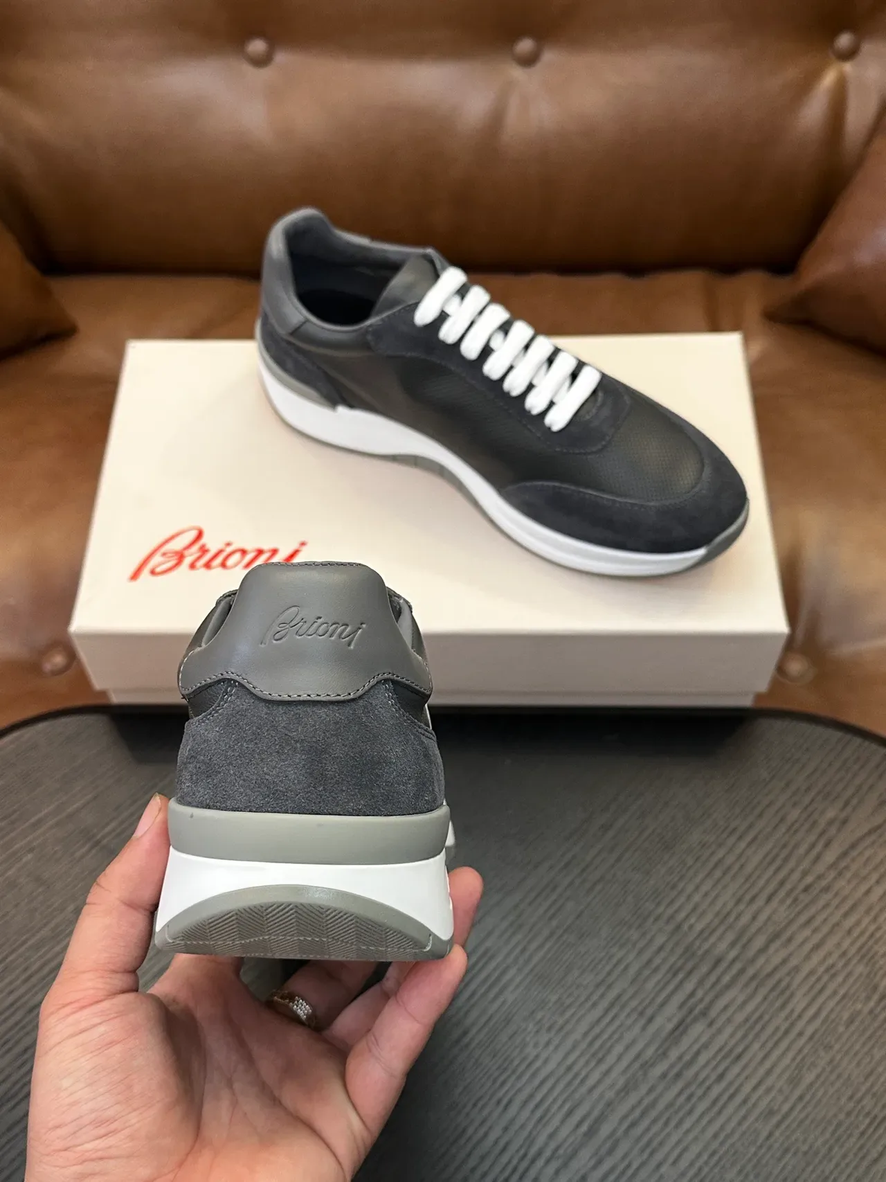 Brioni Dark Gray Suede and Mesh Lifestyle Sneaker 8