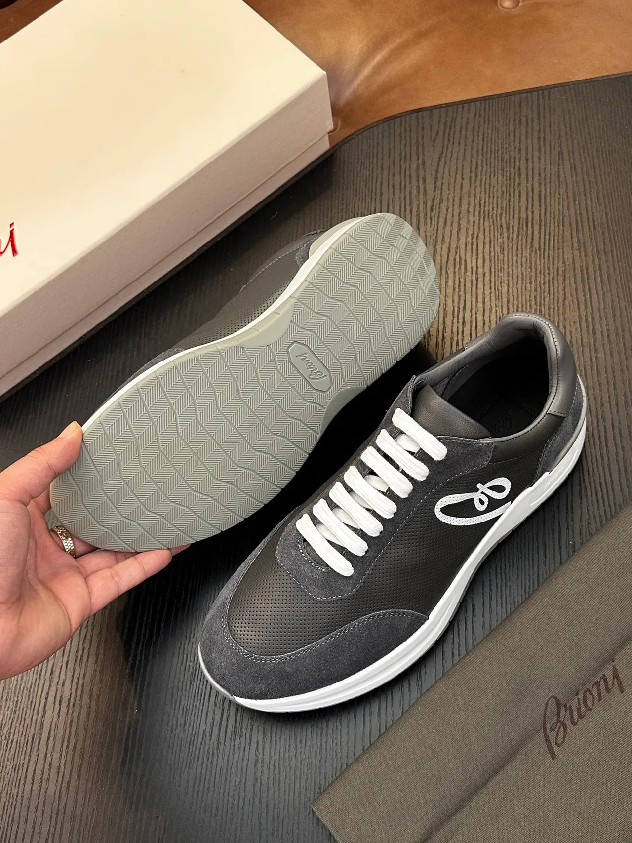 Brioni Dark Gray Suede and Mesh Lifestyle Sneaker 9