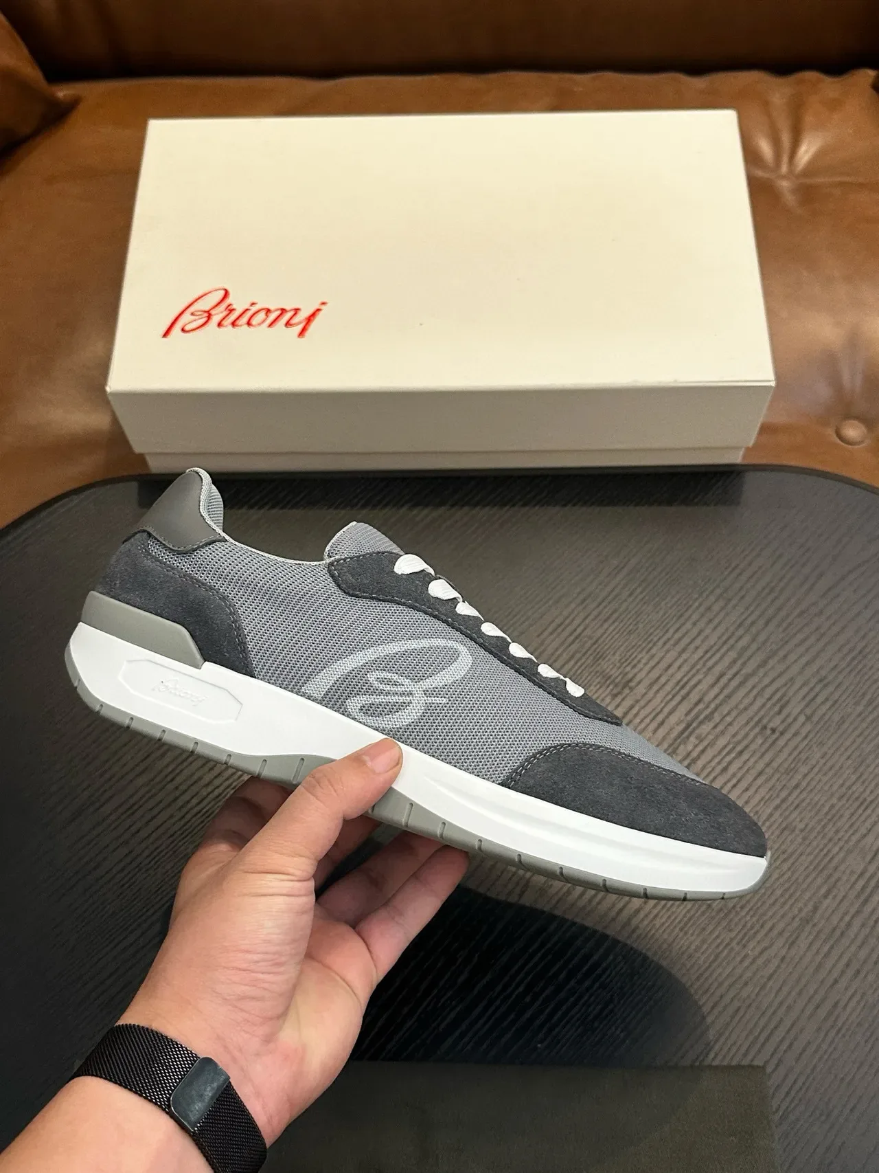 Brioni Gray White Mixed-Material Upper Mesh And Suede Paneling Lifestyle Sneakers 2