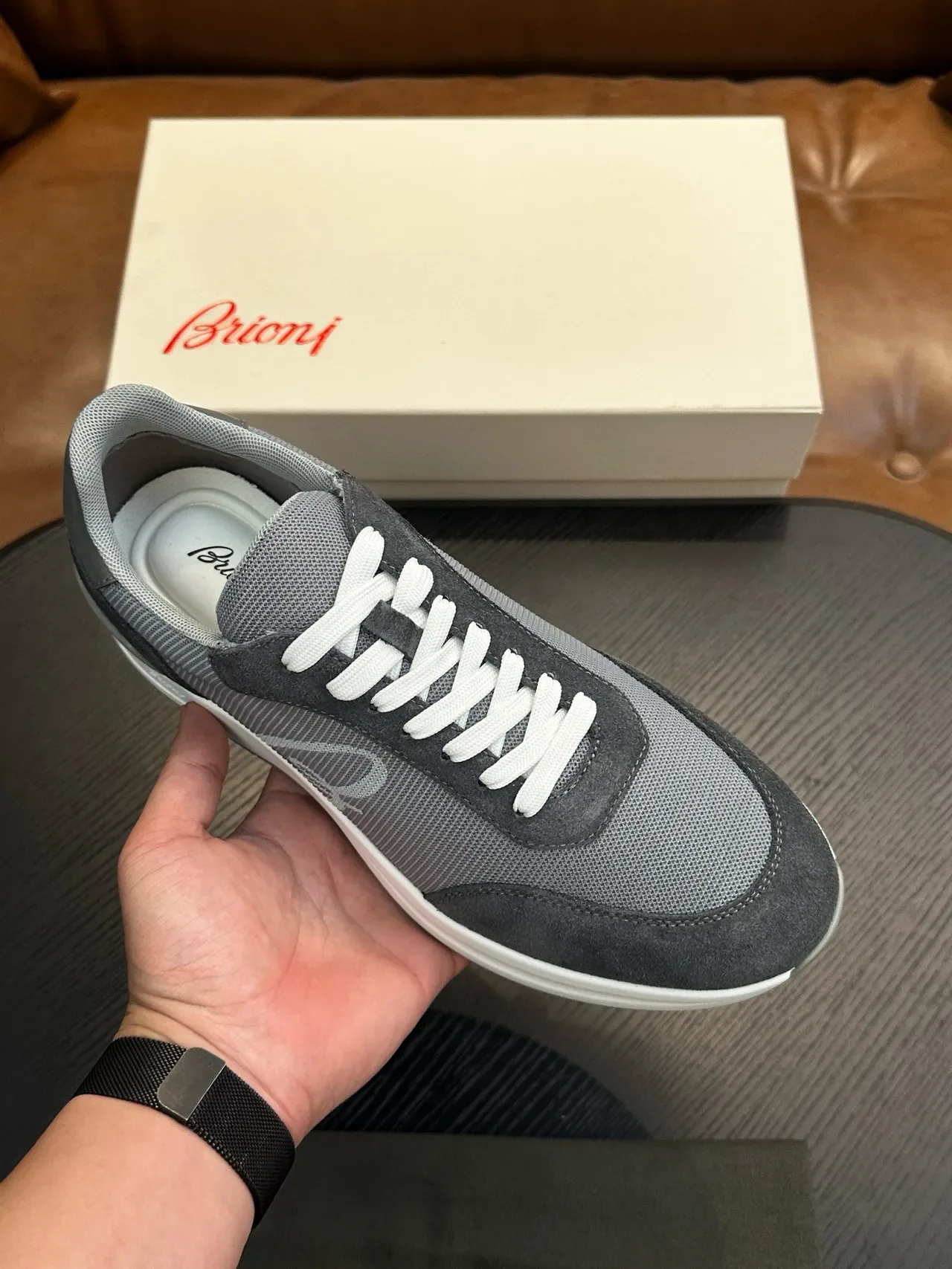Brioni Gray White Mixed-Material Upper Mesh And Suede Paneling Lifestyle Sneakers 3