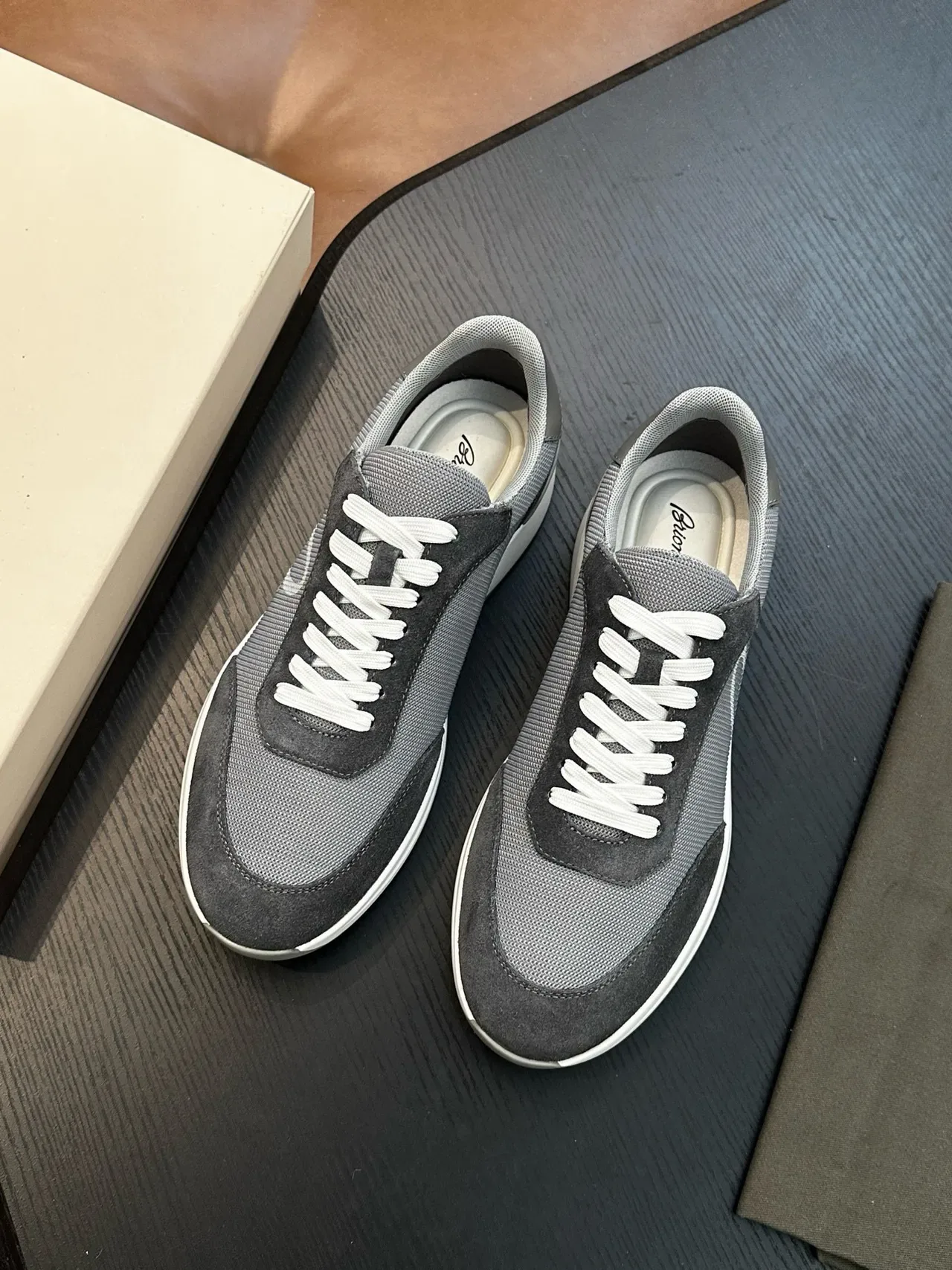Brioni Gray White Mixed-Material Upper Mesh And Suede Paneling Lifestyle Sneakers 4