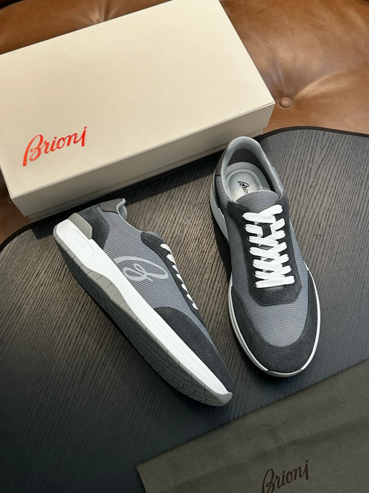 Brioni Gray White Mixed-Material Upper Mesh And Suede Paneling Lifestyle Sneakers 5
