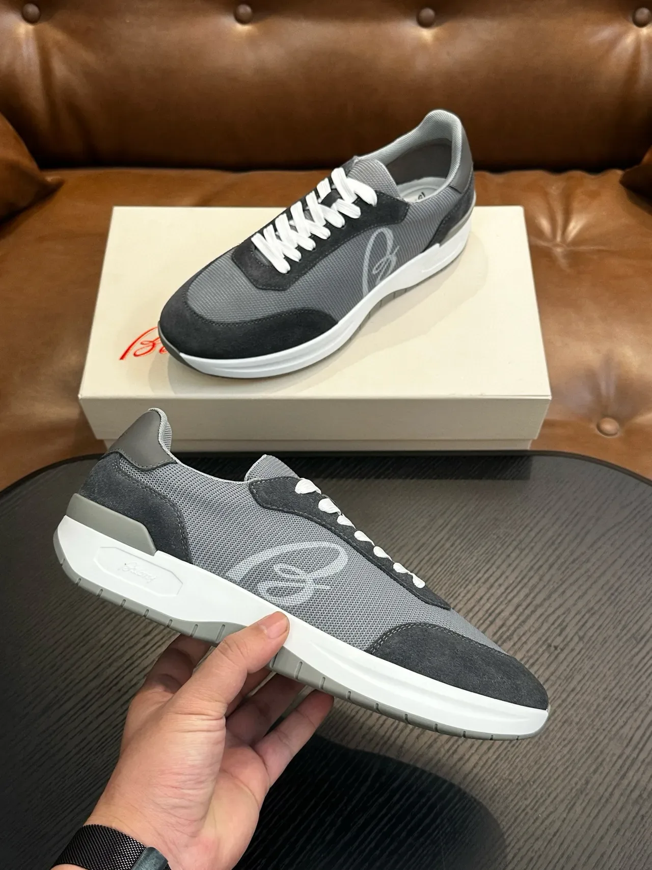 Brioni Gray White Mixed-Material Upper Mesh And Suede Paneling Lifestyle Sneakers 6