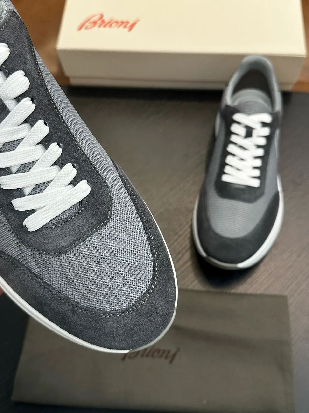 Brioni Gray White Mixed-Material Upper Mesh And Suede Paneling Lifestyle Sneakers 7