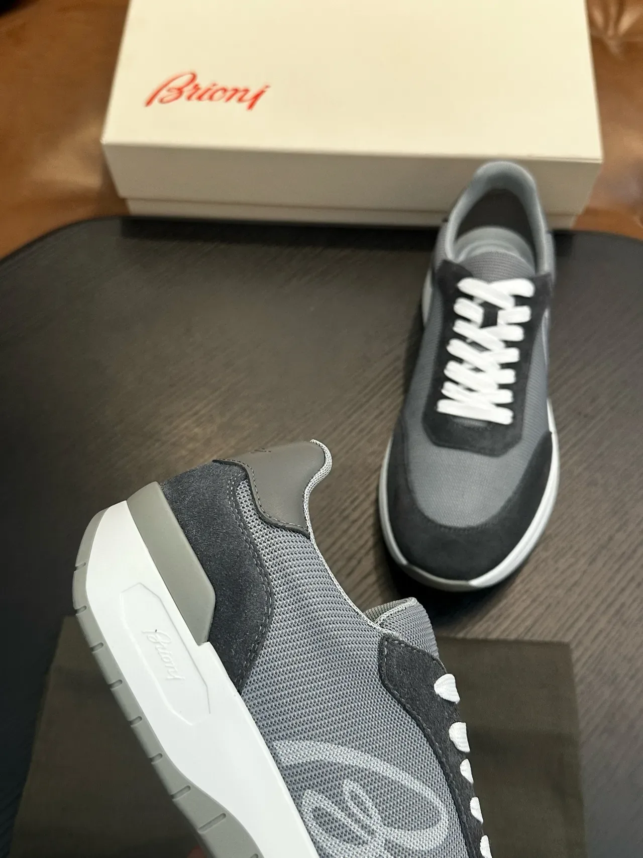 Brioni Gray White Mixed-Material Upper Mesh And Suede Paneling Lifestyle Sneakers 8