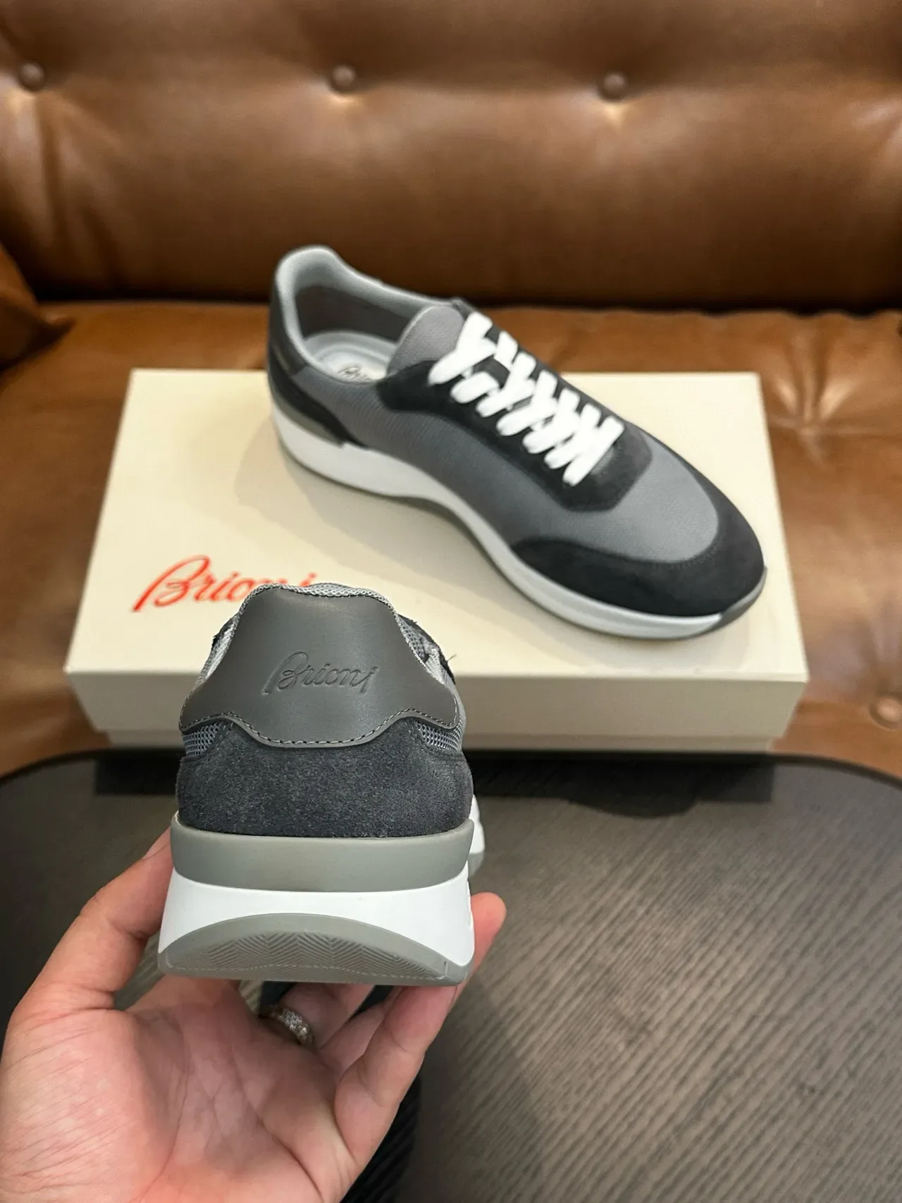 Brioni Gray White Mixed-Material Upper Mesh And Suede Paneling Lifestyle Sneakers 9