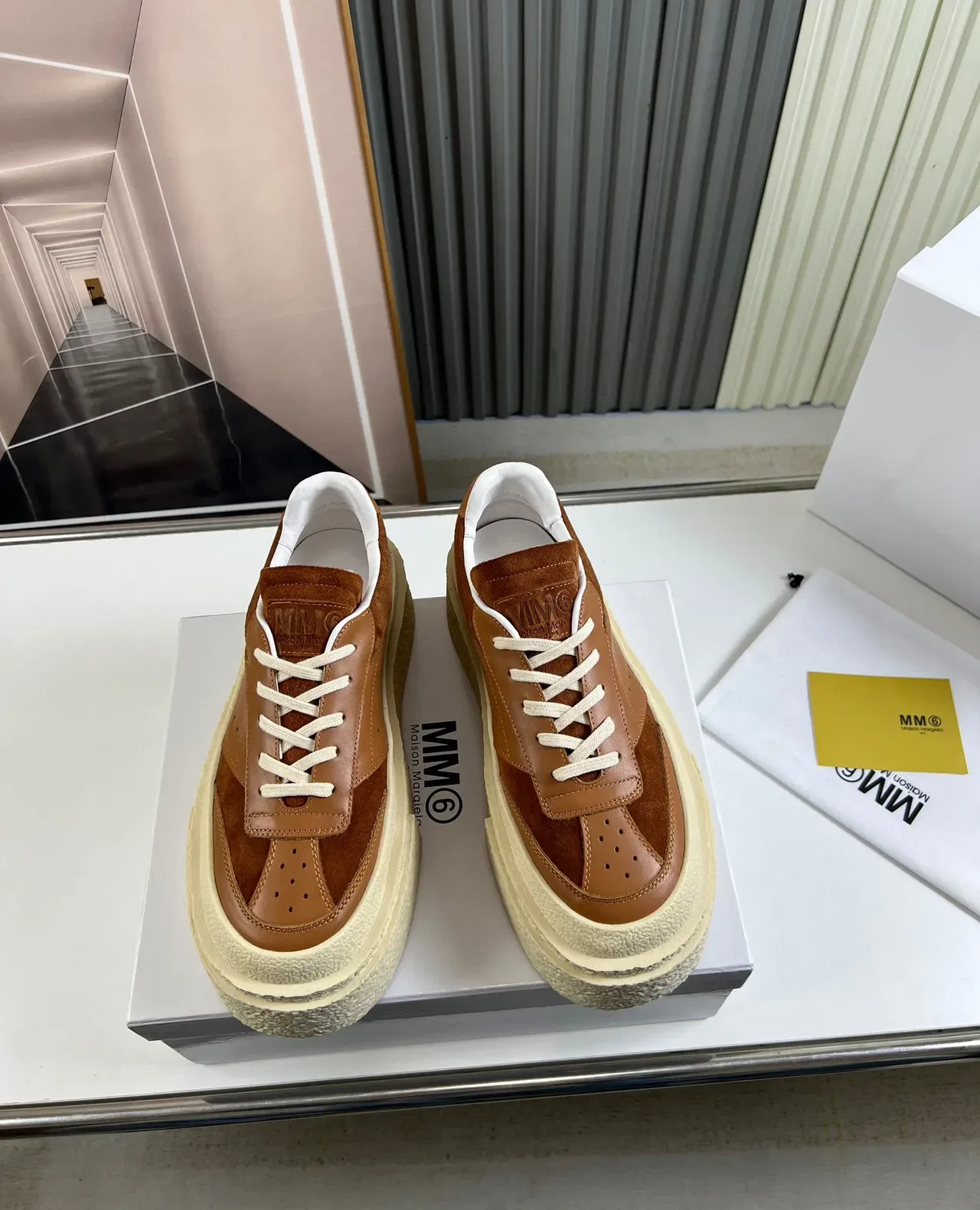 Brown and Cream Platform Suede-Leather Lifestyle Sneaker 9