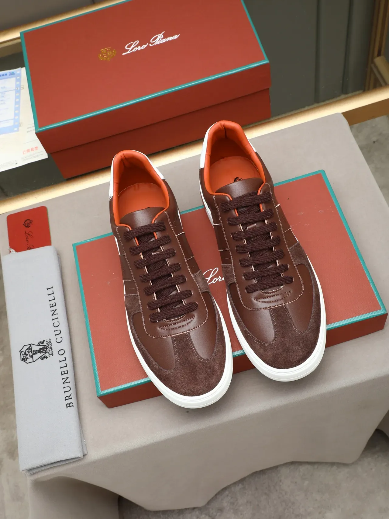 Brown and White Leather Suede Low-Top Lifestyle Sneaker 2