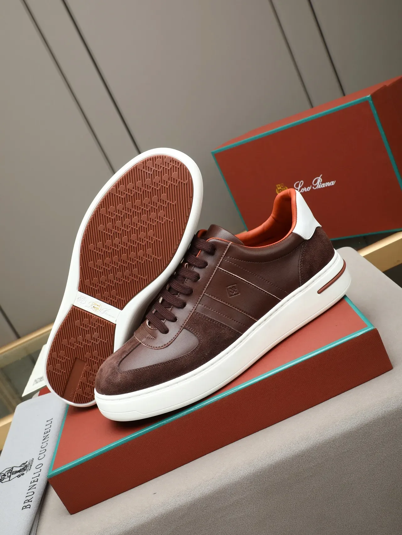 Brown and White Leather Suede Low-Top Lifestyle Sneaker 4