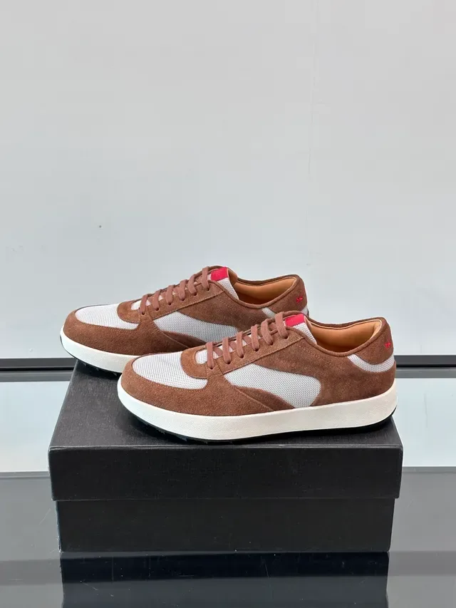 Brown and White Suede Mesh Panel Low-Top Lifestyle Sneakers 4