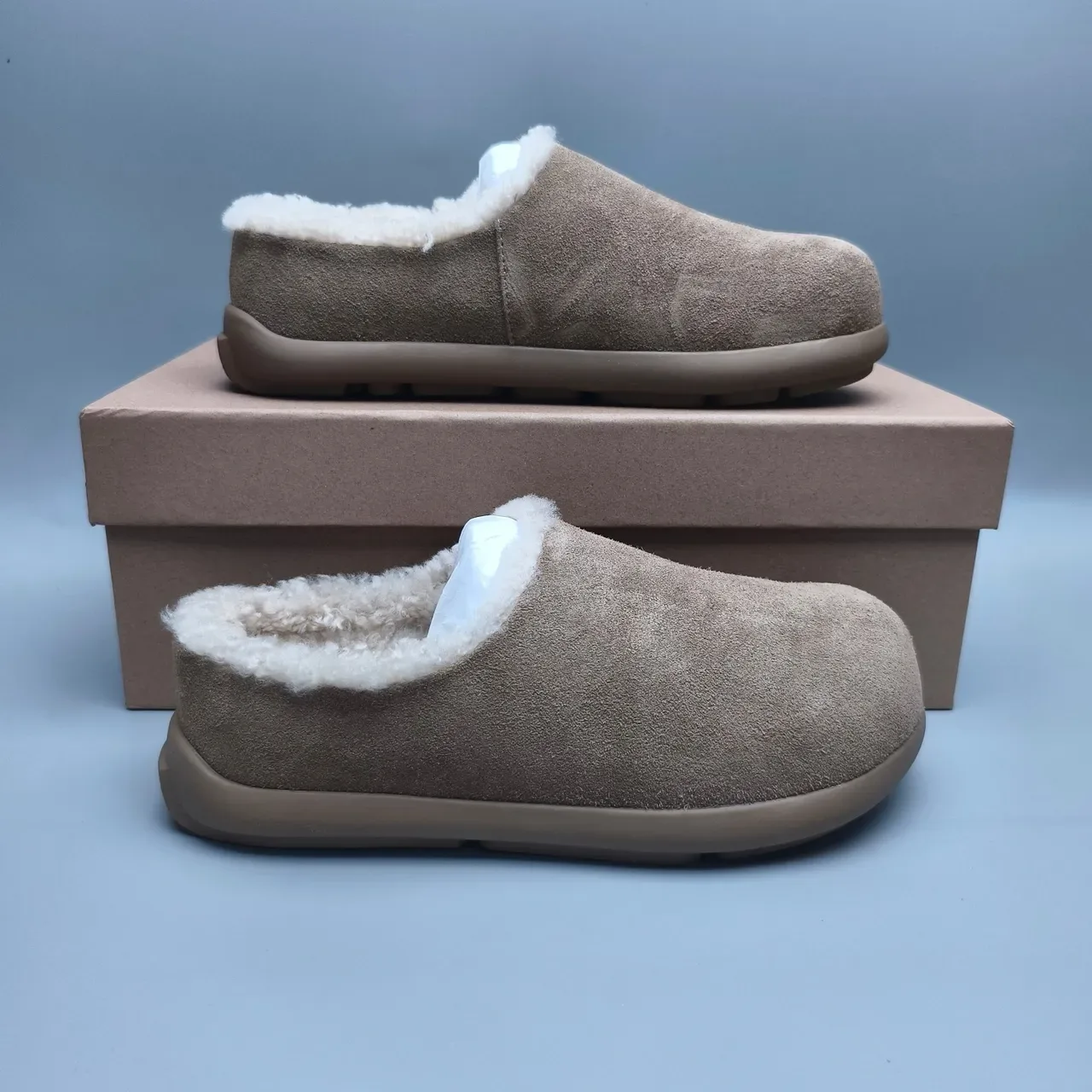 Brown Beige Suede-Like Upper Plush Shearling Lining Slippers 5