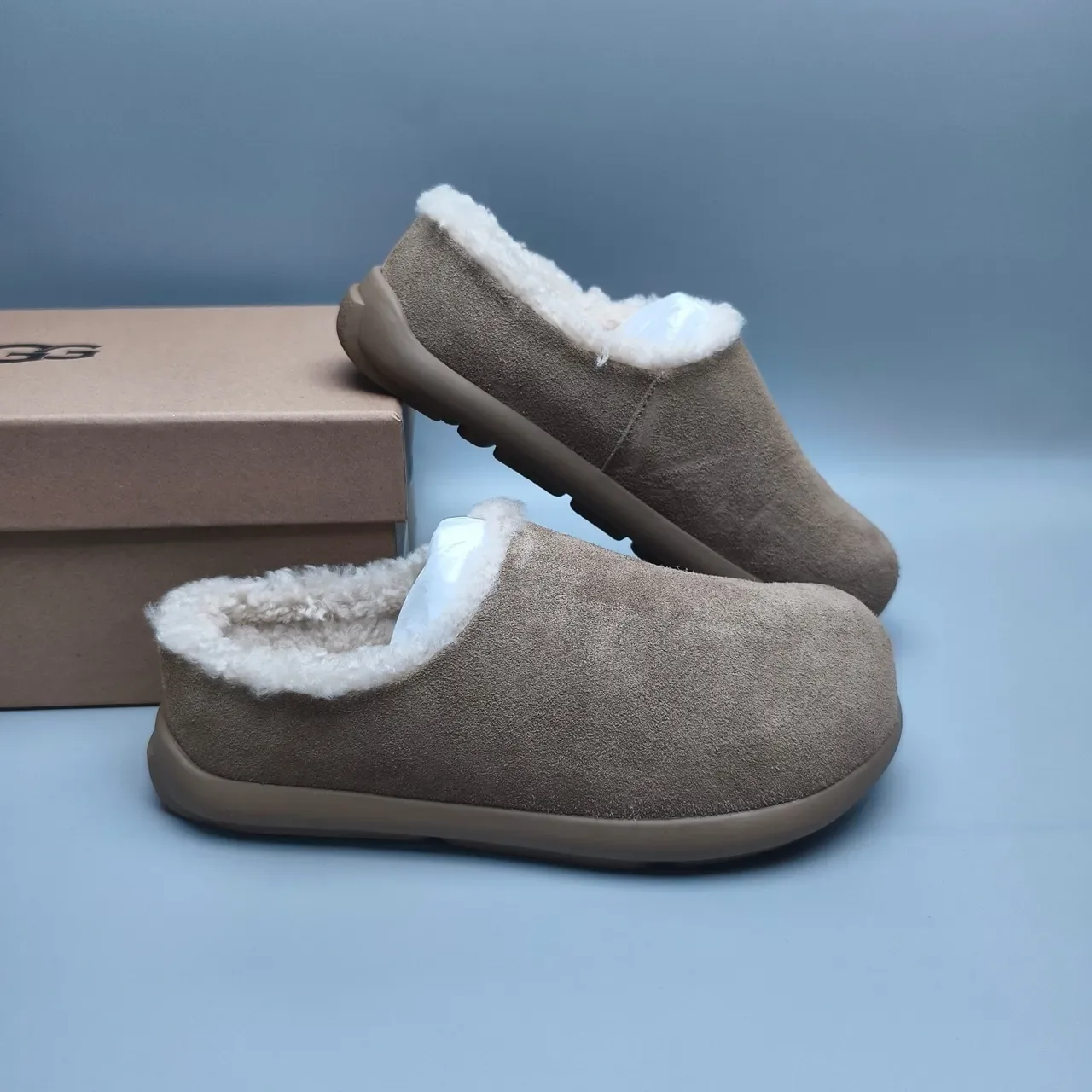 Brown Beige Suede-Like Upper Plush Shearling Lining Slippers 6