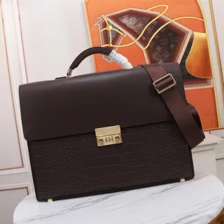 Brown Croc-Embossed and Smooth Leather Briefcase-Style Handbag