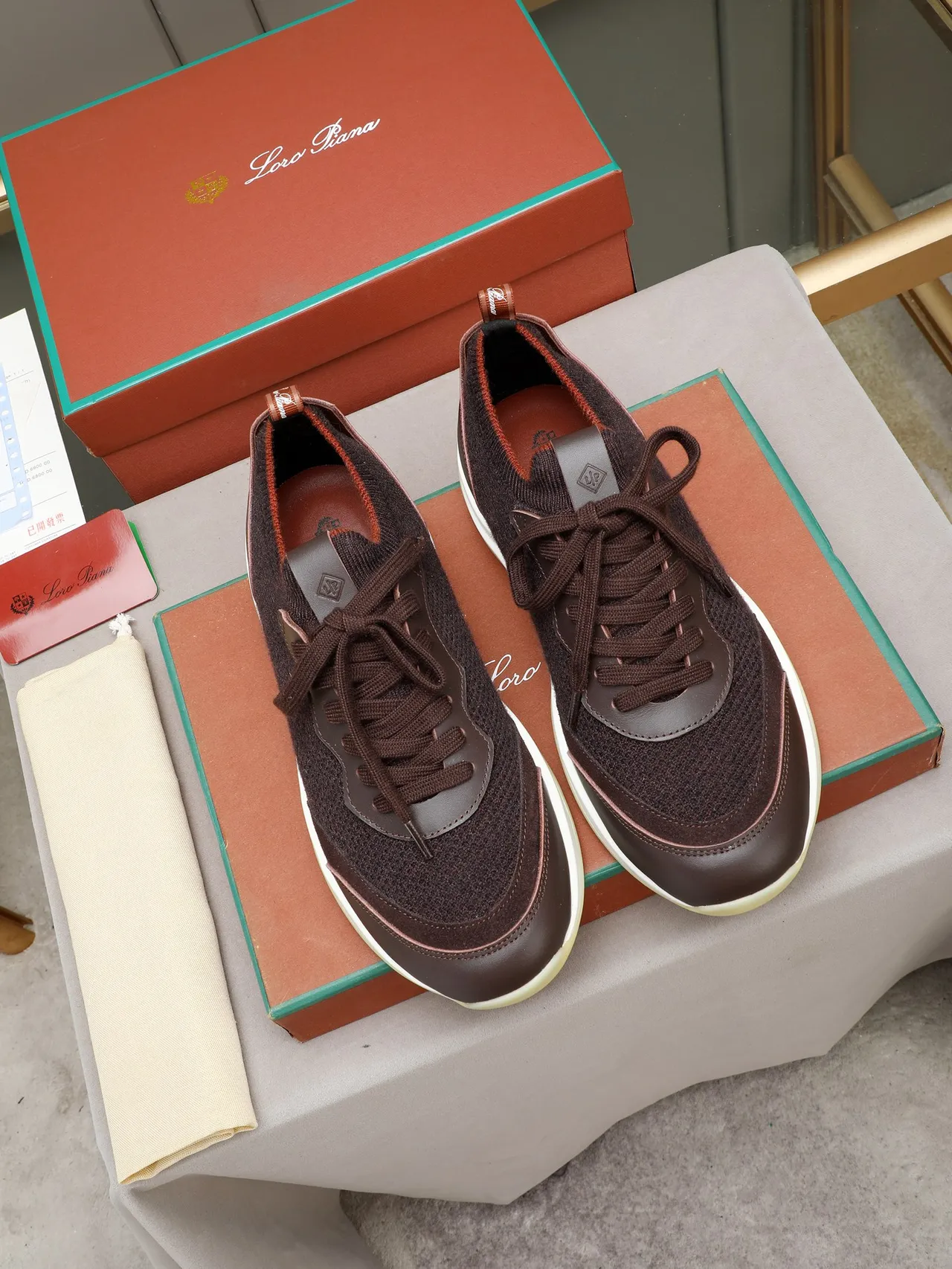Brown Knit and Leather Platform Sole Sneaker 2