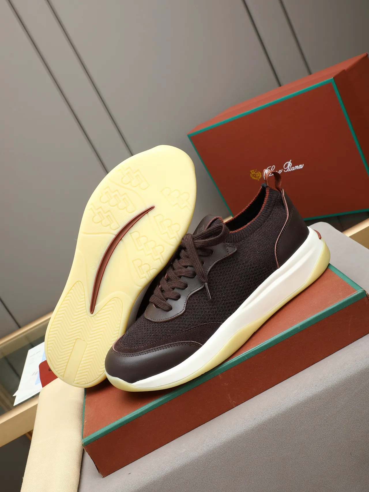 Brown Knit and Leather Platform Sole Sneaker 4