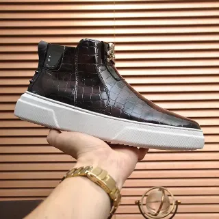 Brown White Crocodile-Embossed Leather Glossy Patent Finish Chelsea Boots