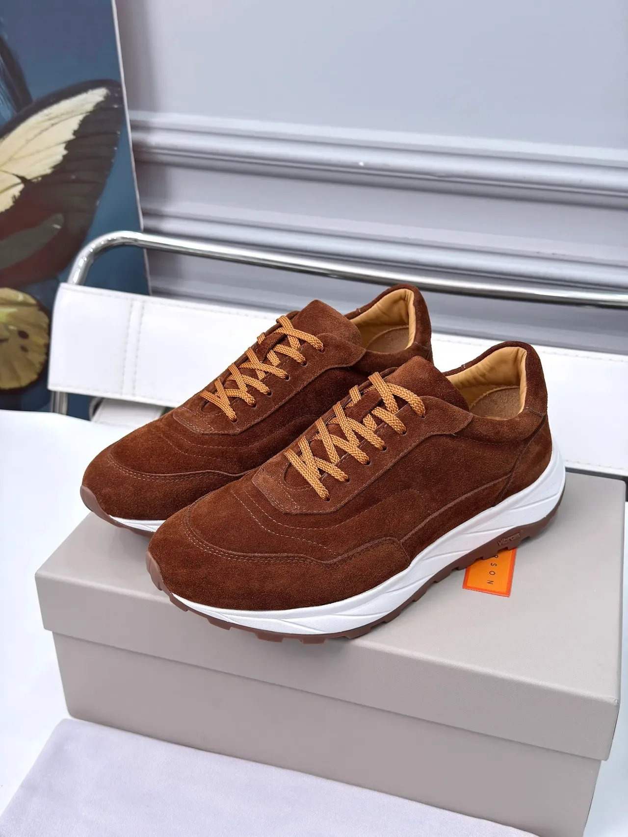Brown White Suede Upper Chunky Layered Sole Sneakers 4