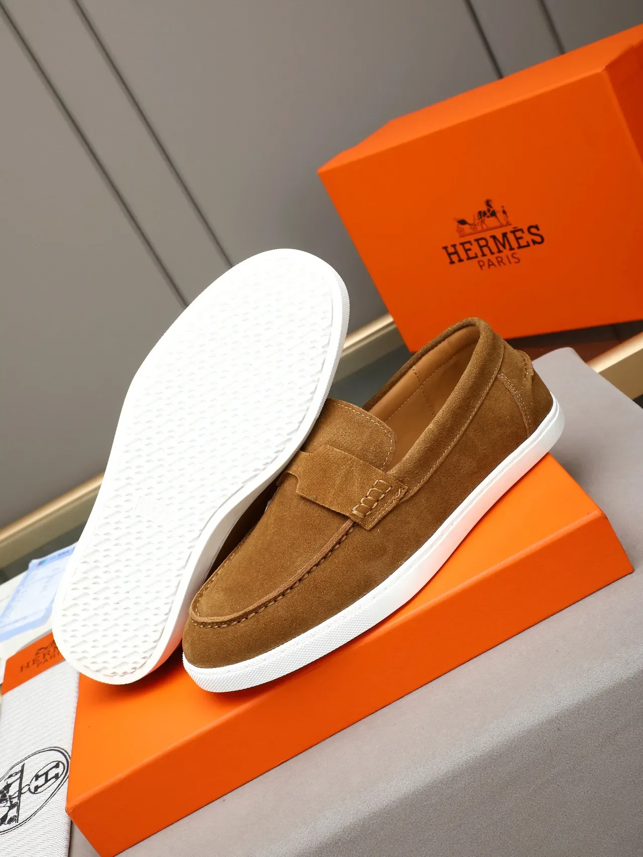 Brown White Suede Upper Moc-Toe Stitching Loafer 4
