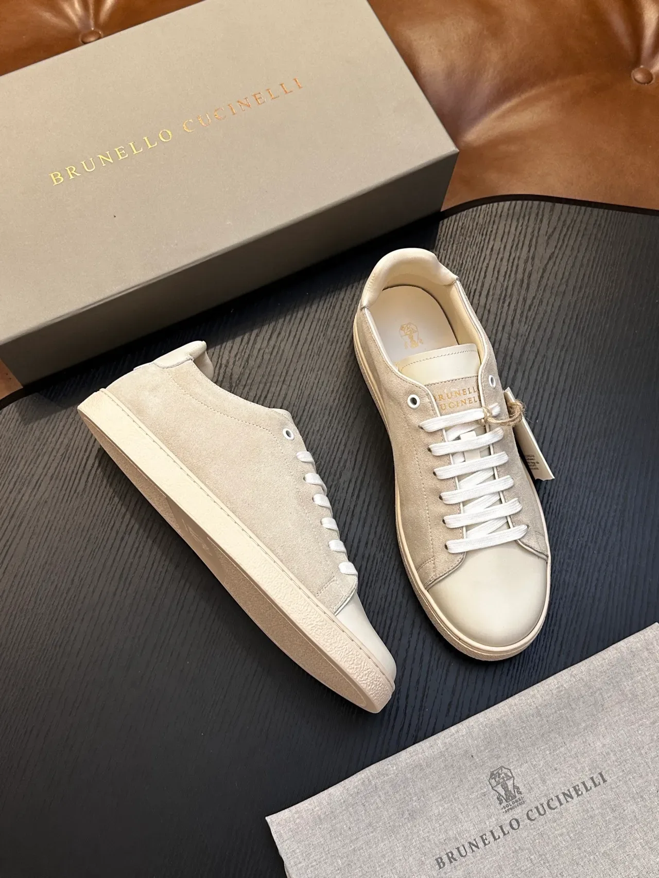 Brunello Cucinelli Beige Suede and Cream Leather Lifestyle Sneakers 4