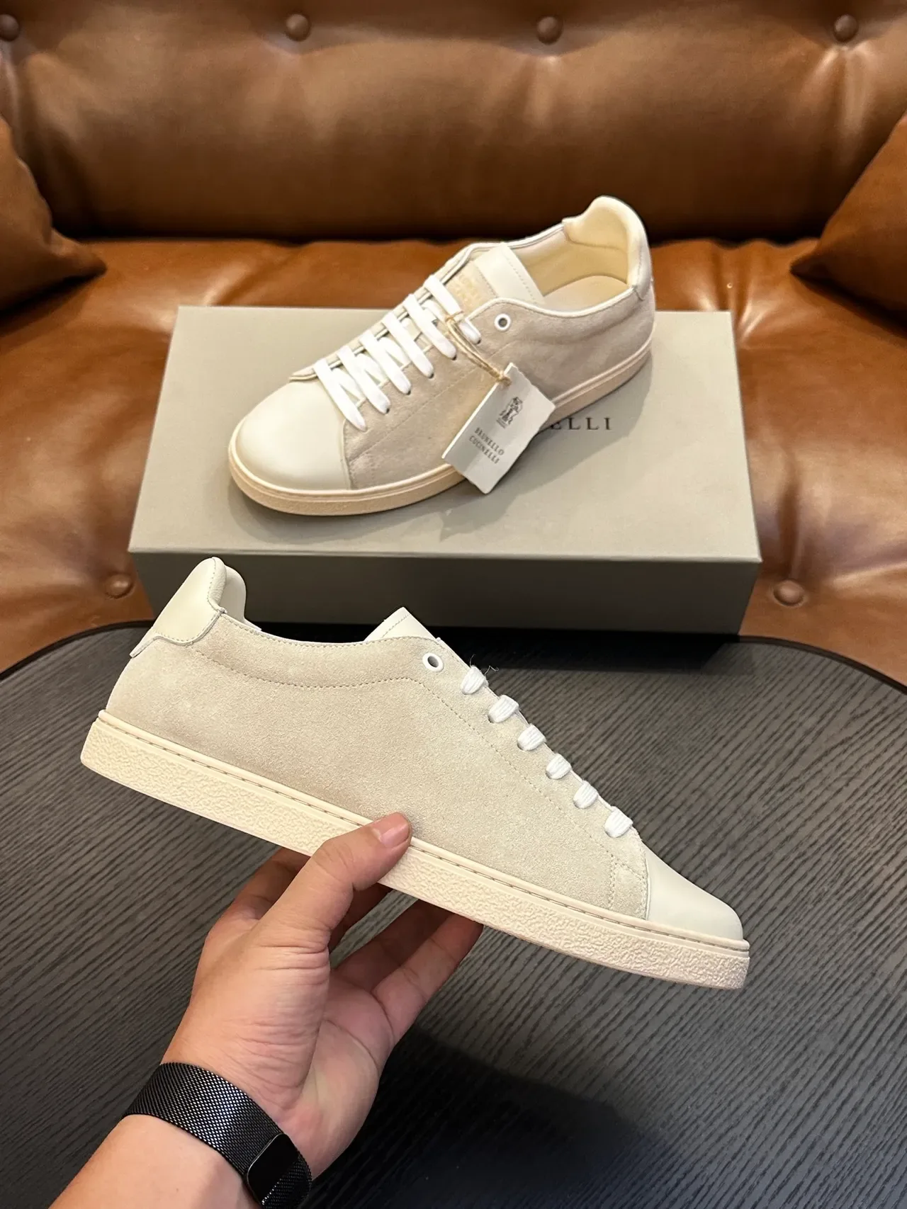 Brunello Cucinelli Beige Suede and Cream Leather Lifestyle Sneakers 5