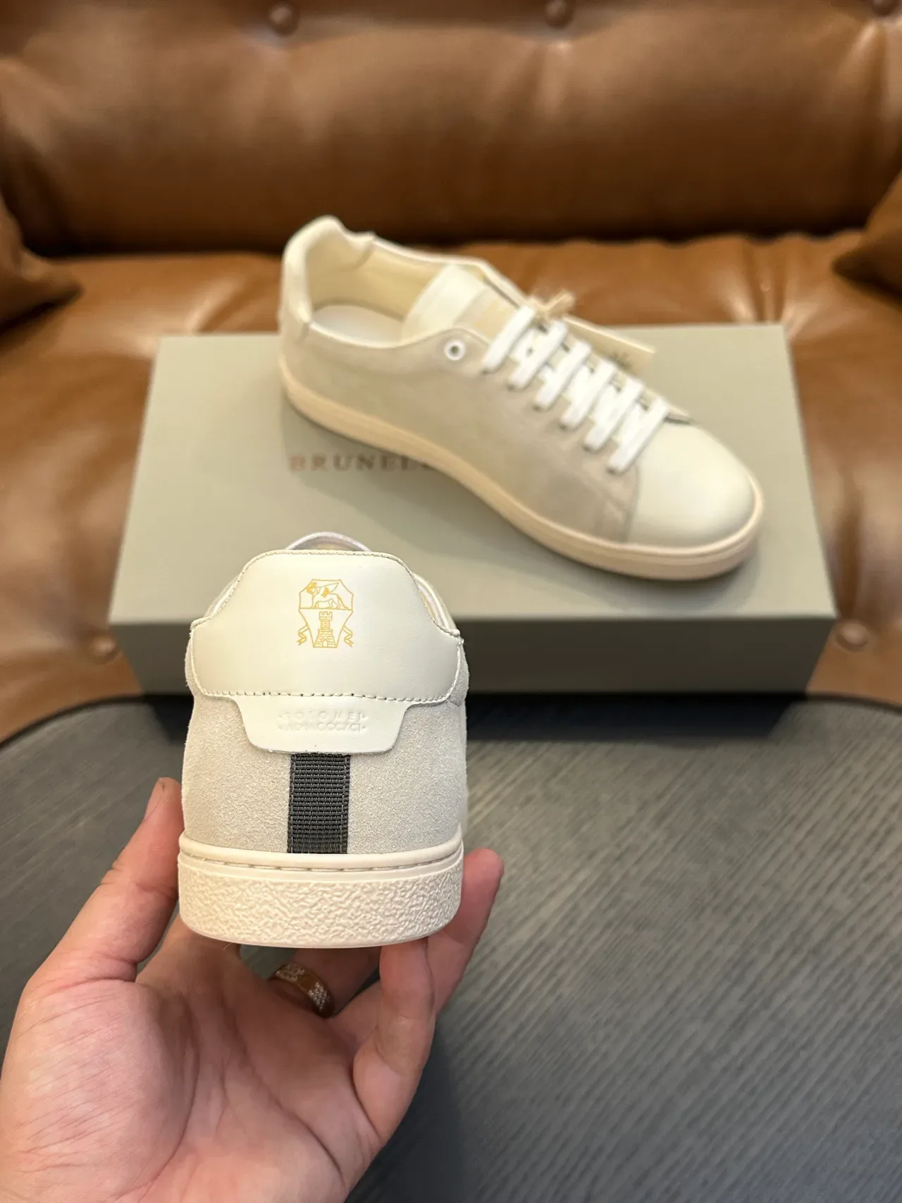 Brunello Cucinelli Beige Suede and Cream Leather Lifestyle Sneakers 8