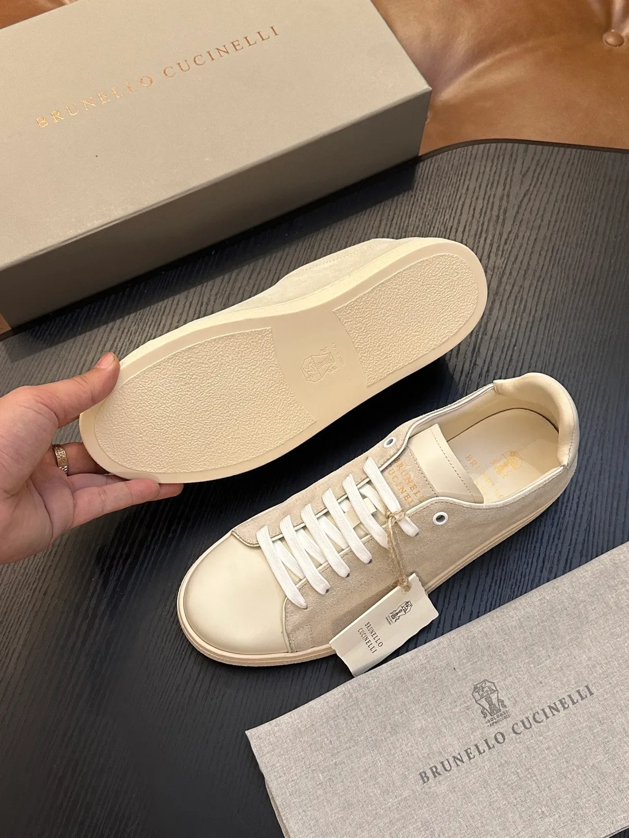 Brunello Cucinelli Beige Suede and Cream Leather Lifestyle Sneakers 9