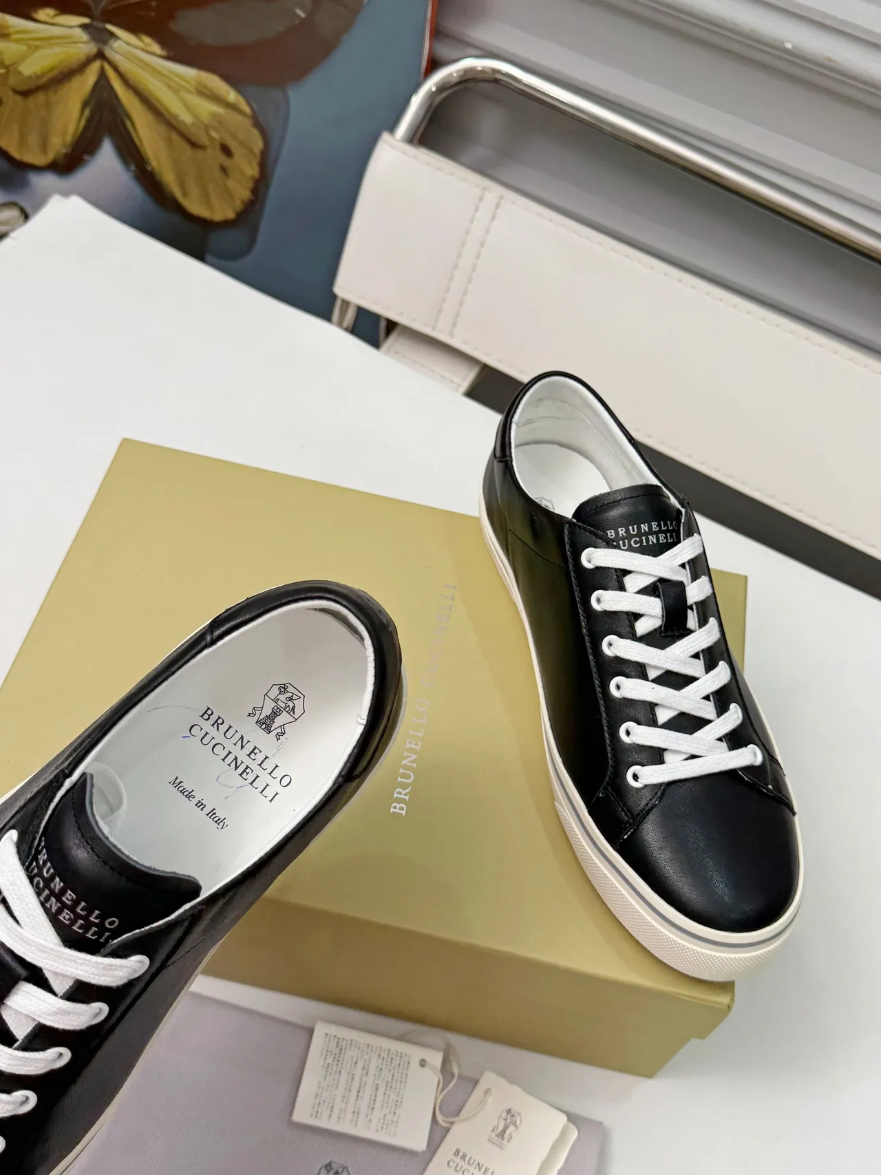 Brunello Cucinelli Black Leather White Lace Lifestyle Sneakers 3