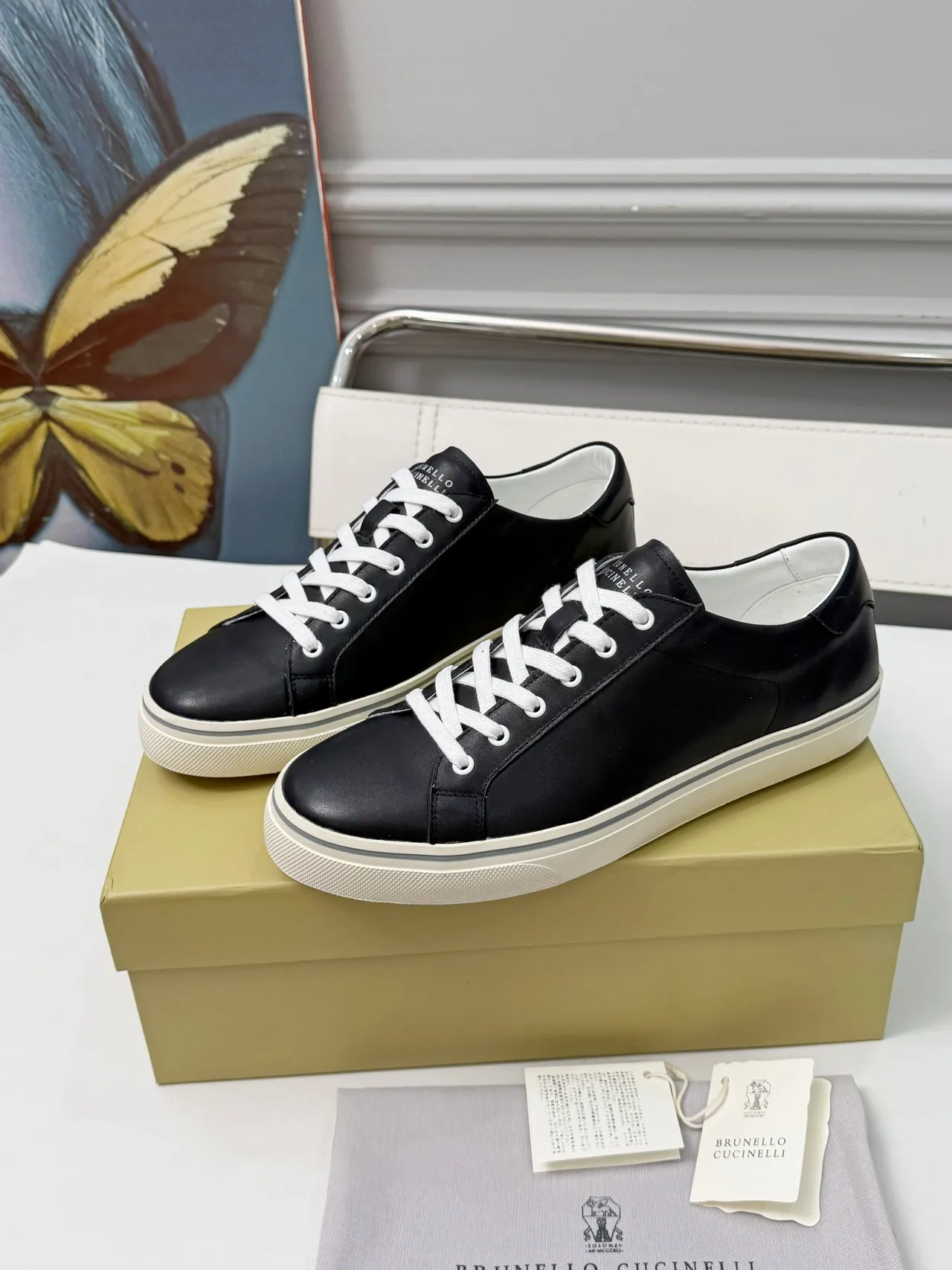 Brunello Cucinelli Black Leather White Lace Lifestyle Sneakers 5