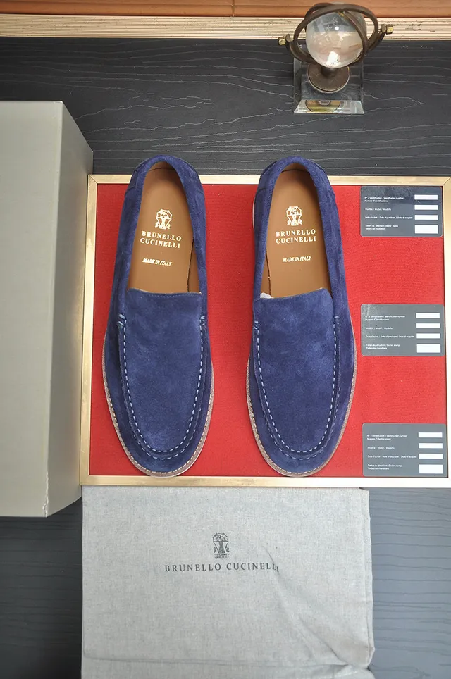 Brunello Cucinelli Blue Beige Suede Upper Moc-Toe Stitching Loafer 2