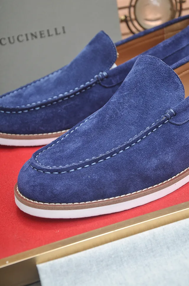 Brunello Cucinelli Blue Beige Suede Upper Moc-Toe Stitching Loafer 8