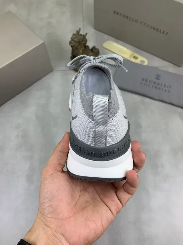 Brunello Cucinelli Gray Silver Knit Upper Metallic Toe Cap Sneakers 3