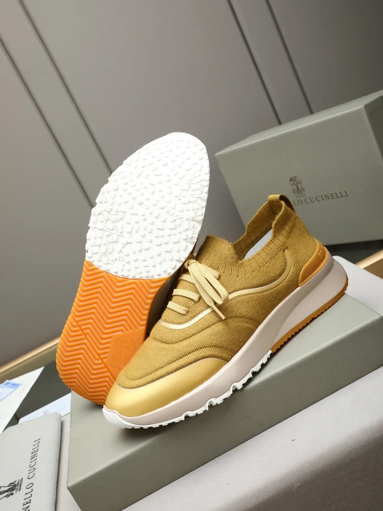 Brunello Cucinelli Mustard Knit Lace-Up Lifestyle Sneaker 4