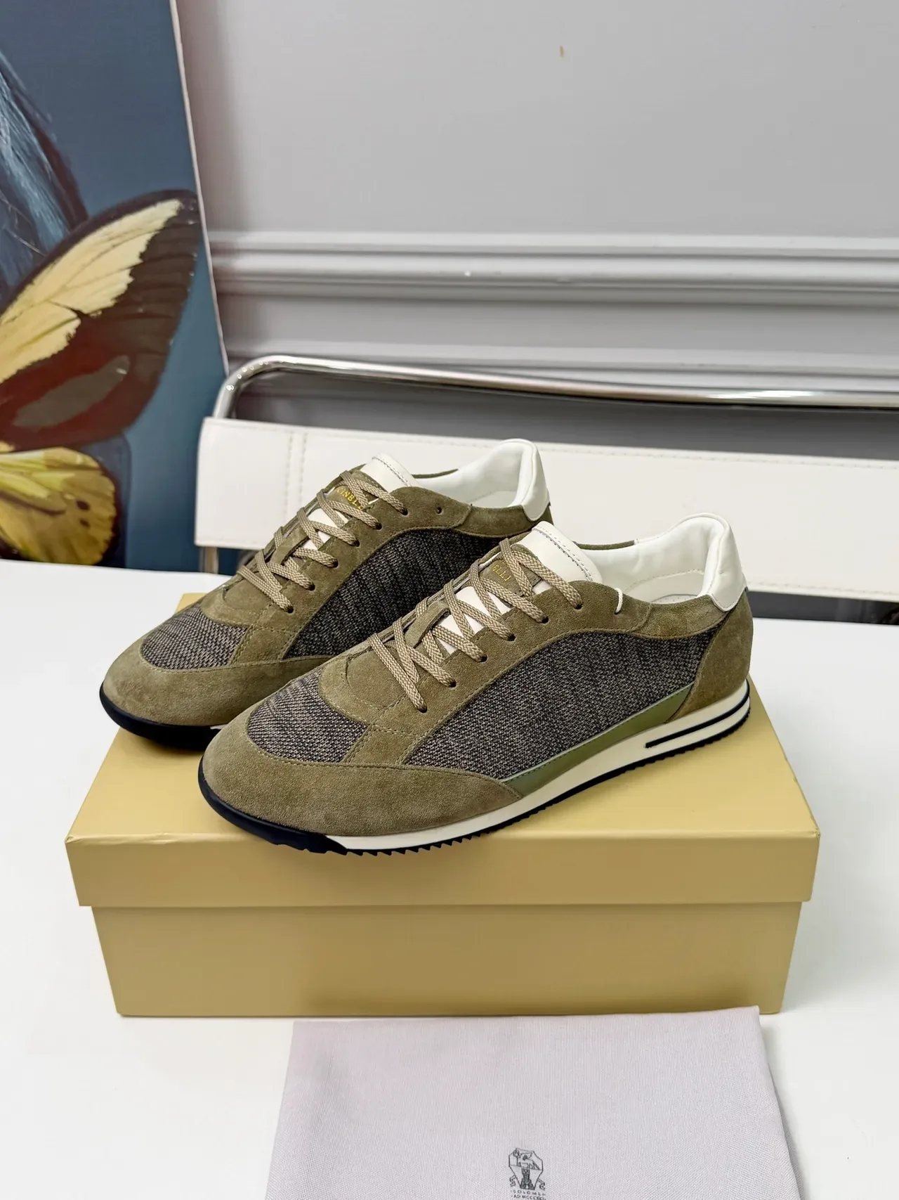 Brunello Cucinelli Olive Suede and Mesh Low-Top Lifestyle Sneakers 2
