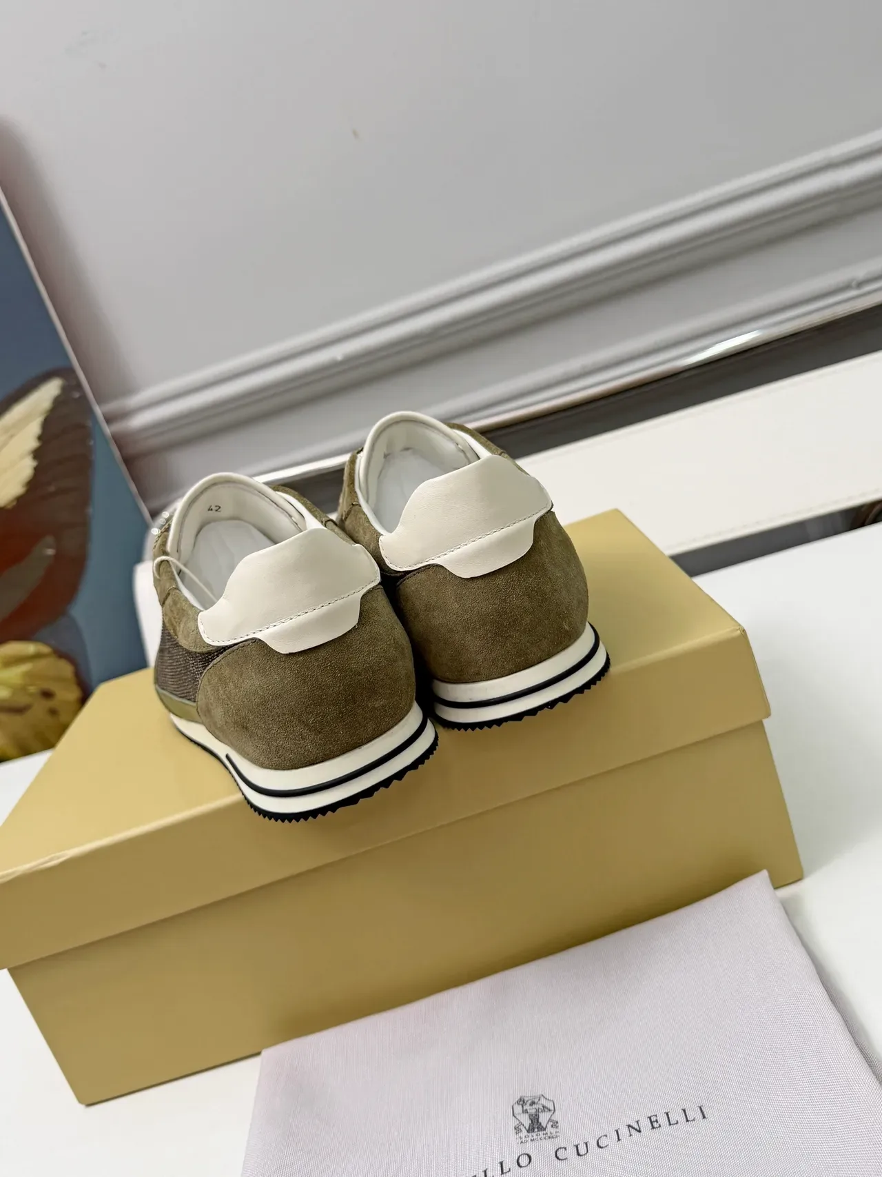 Brunello Cucinelli Olive Suede and Mesh Low-Top Lifestyle Sneakers 3
