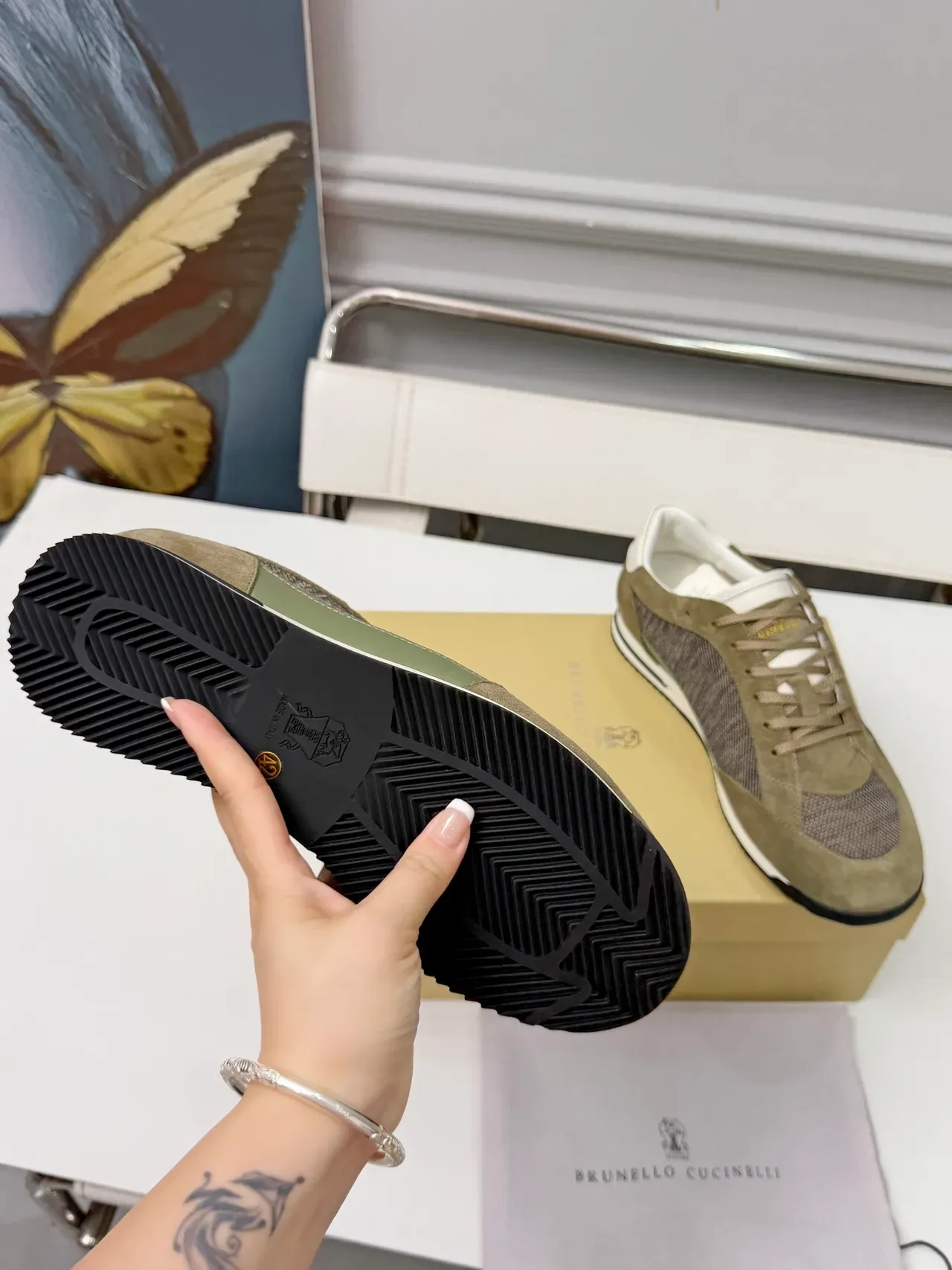 Brunello Cucinelli Olive Suede and Mesh Low-Top Lifestyle Sneakers 4