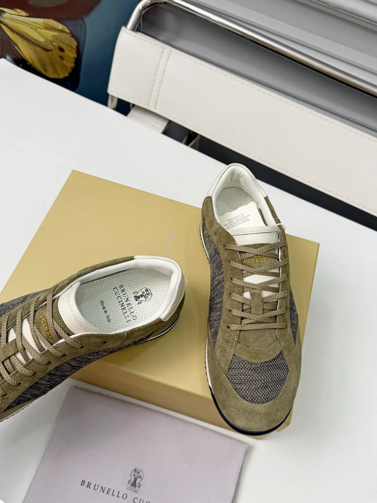 Brunello Cucinelli Olive Suede and Mesh Low-Top Lifestyle Sneakers 5