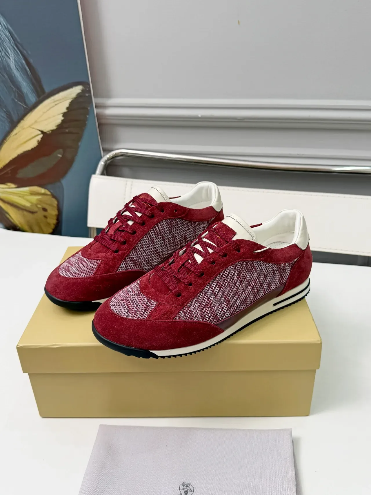 Brunello Cucinelli Red Suede and Mesh Low-Top Lifestyle Sneakers 2