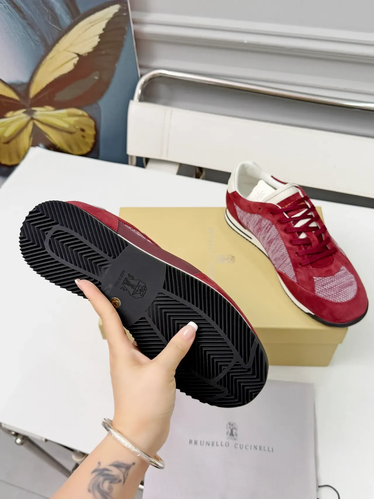 Brunello Cucinelli Red Suede and Mesh Low-Top Lifestyle Sneakers 4