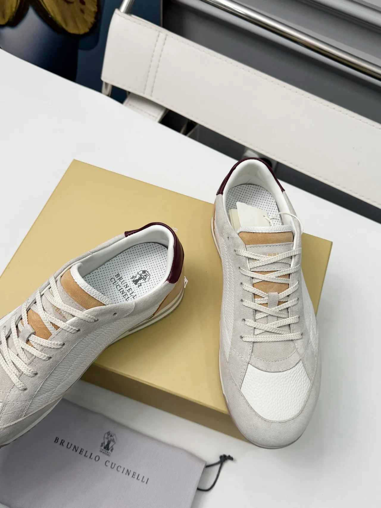 Brunello Cucinelli White Beige Burgundy Lifestyle Sneakers 3