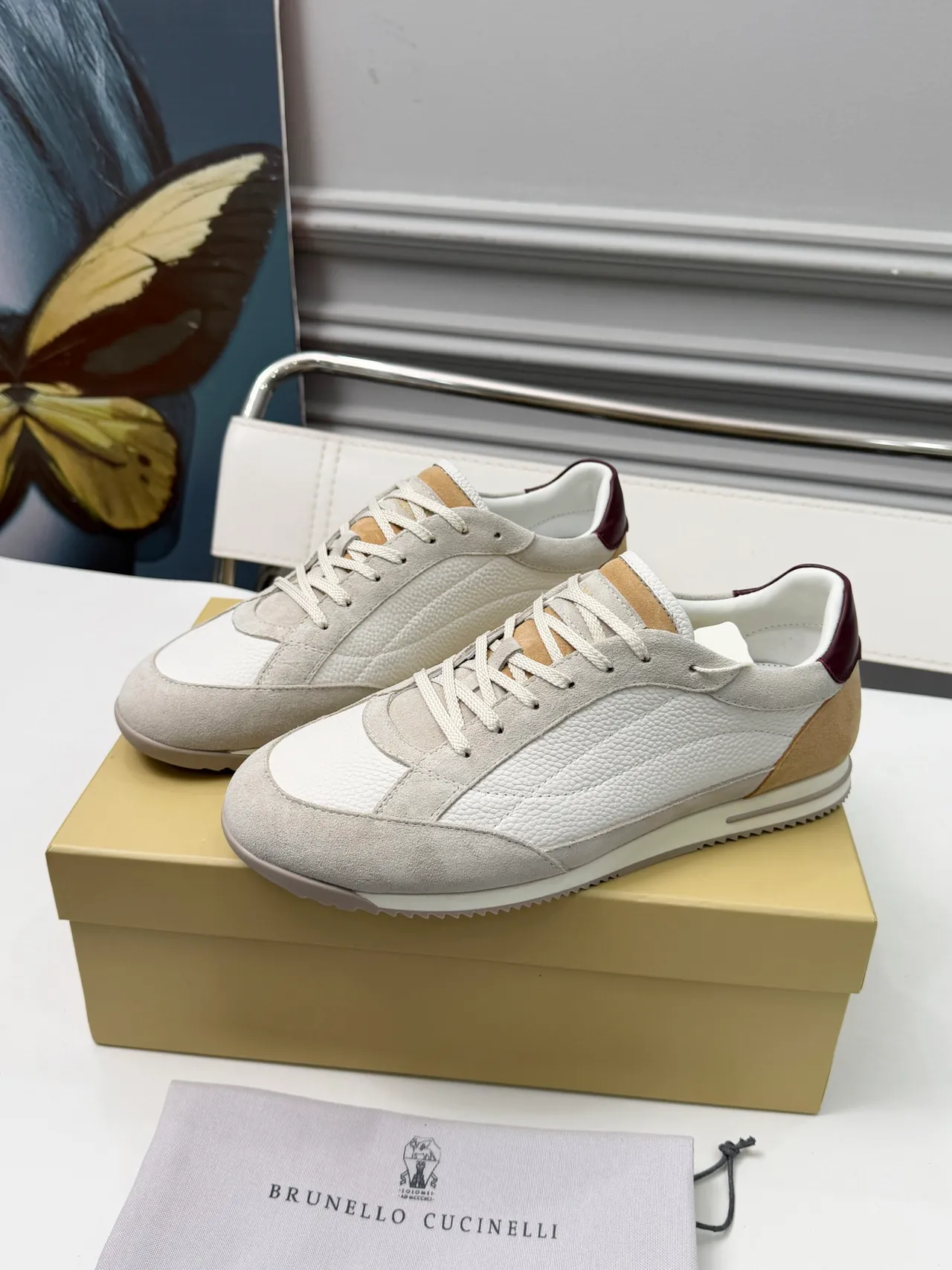 Brunello Cucinelli White Beige Burgundy Lifestyle Sneakers 5