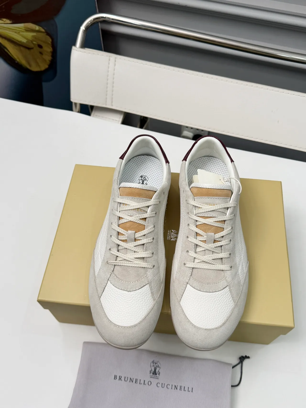 Brunello Cucinelli White Beige Burgundy Lifestyle Sneakers 6