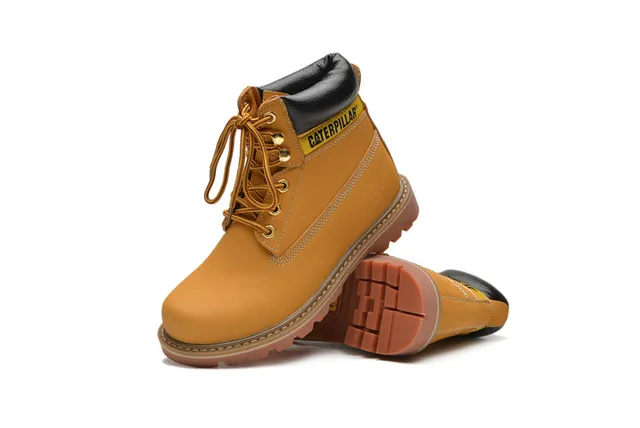 Caterpillar Second Shift Yellow Black Leather Upper Collar Accent Work Boots 10