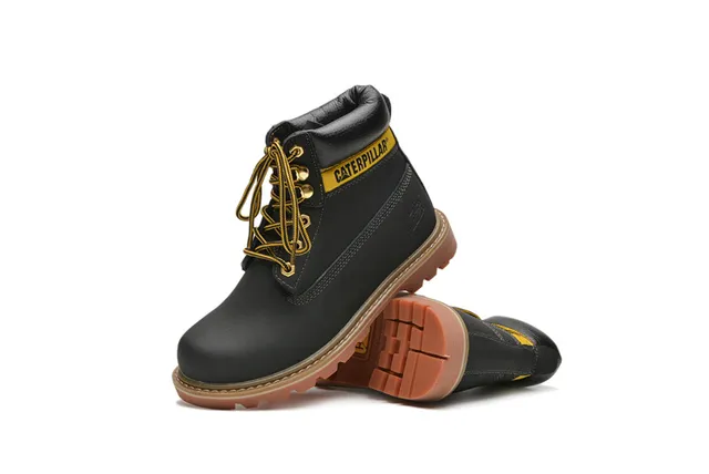 Caterpillar Second Shift Yellow Black Leather Upper Collar Accent Work Boots 16