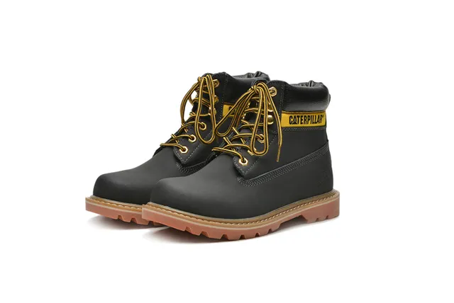 Caterpillar Second Shift Yellow Black Leather Upper Collar Accent Work Boots 17