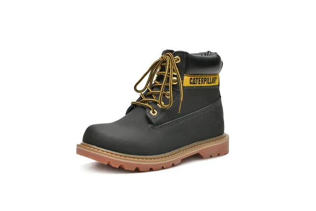 Caterpillar Second Shift Yellow Black Leather Upper Collar Accent Work Boots 18