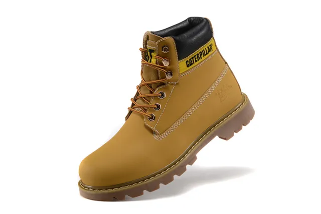 Caterpillar Second Shift Yellow Black Leather Upper Collar Accent Work Boots 21