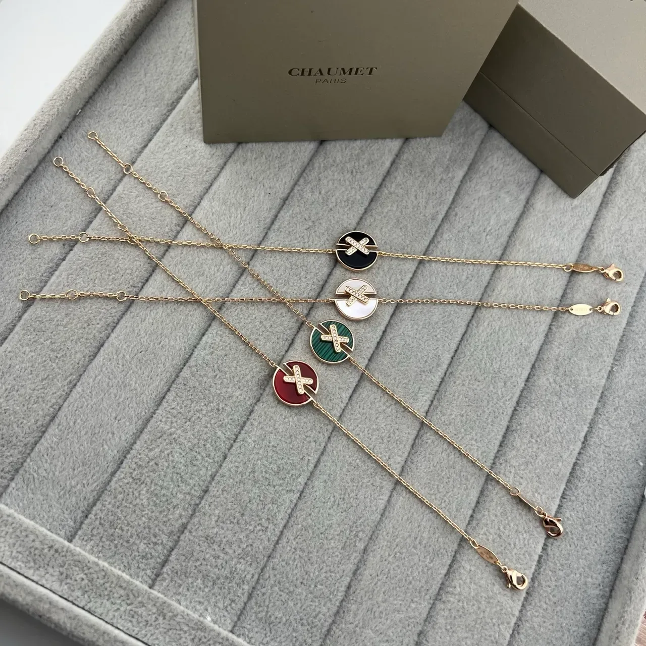 CHAUMET Liens Circular Enamel and Diamond X Motif Gold Chain Bracelets 7