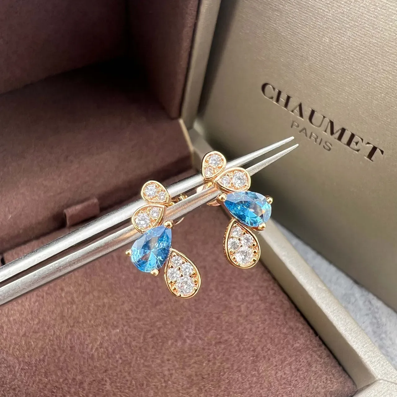 CHAUMET Teardrop Motif Blue and Pavé Stone Earrings 3