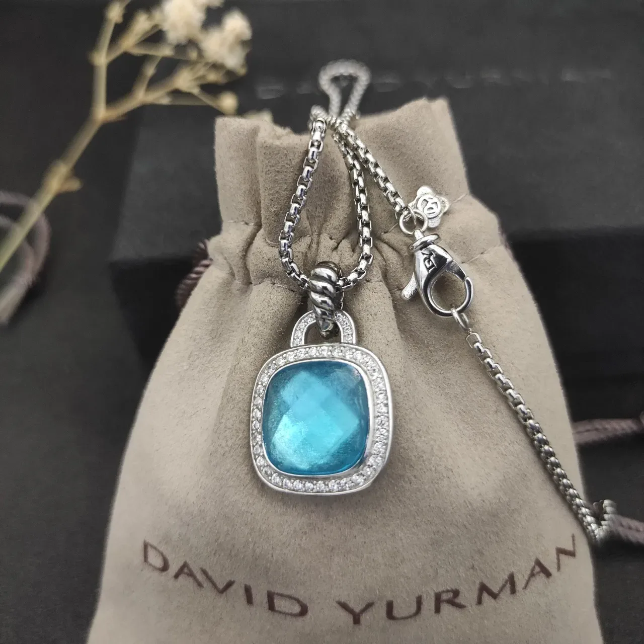 Cushion-Cut Blue Stone Halo Pendant Necklace 4
