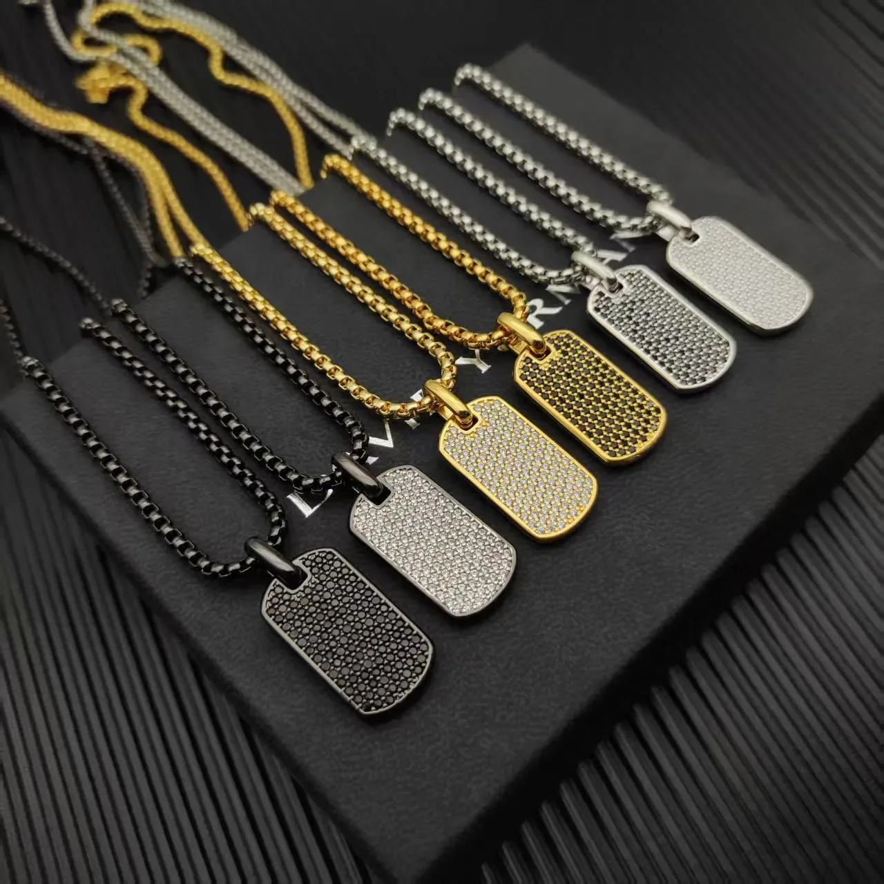David Yurman Black Beige Dog Tag Silhouette Pavé-Set Stones Necklace 2